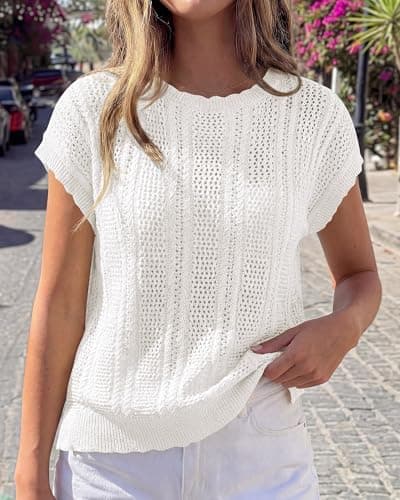 KIRUNDO Crochet Tops for Women Cap Short Sleeve Sweater Vest 2026 Spring Summer Cable Knit Pullover Beach Vacation Outfits(White, X-Large) - Thumbnail 6