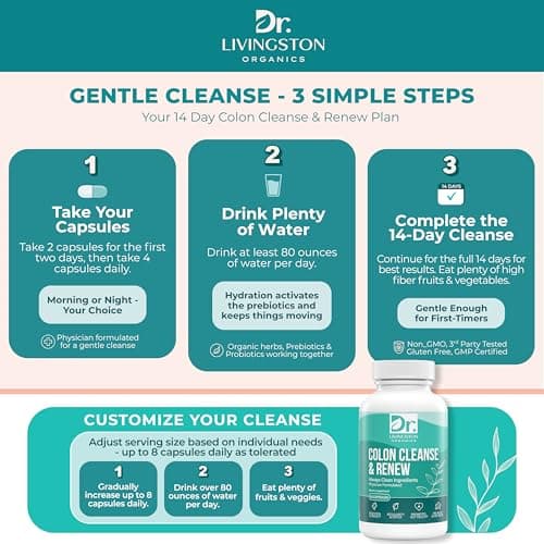 Dr. Livingston Organics Colon Cleanse for Women & Men – 14 Day Gentle Colon Cleanser with Prebiotics & Probiotics for Gut Health, Regularity, Bloating Relief & Constipation Relief – 56 Capsules - Thumbnail 6