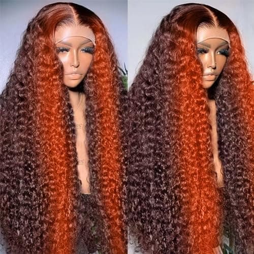 FFEGG 250 density Ginger Deep Wave Lace Front Wigs Human Hair Pre Plucked Hairline Glueless Wigs for Women 13x6 HD Lace Front Wigs Ginger Orange Curly Human Hair Wig Brazilian Hair 30 Inch - Image 1
