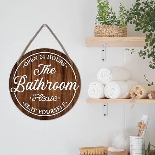 Funny Bathroom Signs Decor - Bathroom Open 24 Hours Please Seat Yourself Wall Decor - Rustic Round Wooden Door Sign For Farmhouse Home Decor Bath Room Accessories & Decorations - A03 - Thumbnail 4