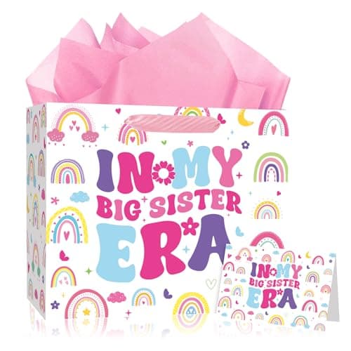 Big Sister Gift Bags Set - In My Big Sister Era Bag with Greeting Card Envelope Tissue Paper for Girls Sisters Birthday Party Supplies Decoration Gift Bags for New Big Sister Announcement Girl Baby Shower 12 Inch - Image 1
