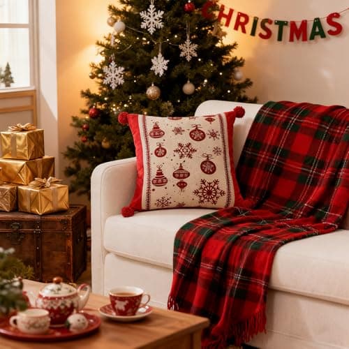 EthosCraft Christmas Pillow Covers 18 x 18 Inch Set of 2, Xmas Winter Christmas Tree Cushion Covers, 3D Embroidered Pillow Cases for Couch Bedroom Living Room Decor, Red - Thumbnail 6