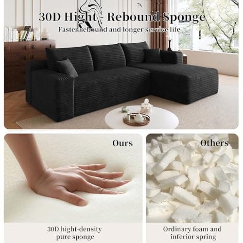 96" Cloud Small Sofa L-Shaped Modular Sectional with Chaise for Apartment & Living Room, Corduroy Deep Seat Boneless Couch, No Assembly Required, (Black, Right Facing Chaise) - Thumbnail 6