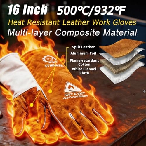 ITMIAYA® Premium Welding Gloves 16 Inch 500℃/932℉ XL Heat Resistant Leather Work Gloves Heavy Duty Durable Stitch Guard Fireproof for MMA/MIG/TIG/Forge/BBQ/Garden Work/Woodworking/Fireplace - Thumbnail 2