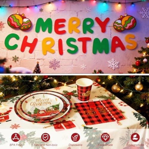TOTOMA Christmas Party Decorations Paper Plates & Napkins 25 Guest, Disposable Plates Set, Holiday Paper Plates, Napkins, Cups with Golden Print, Santa Driving Pattern, Straws, Banner for Christmas - Thumbnail 6