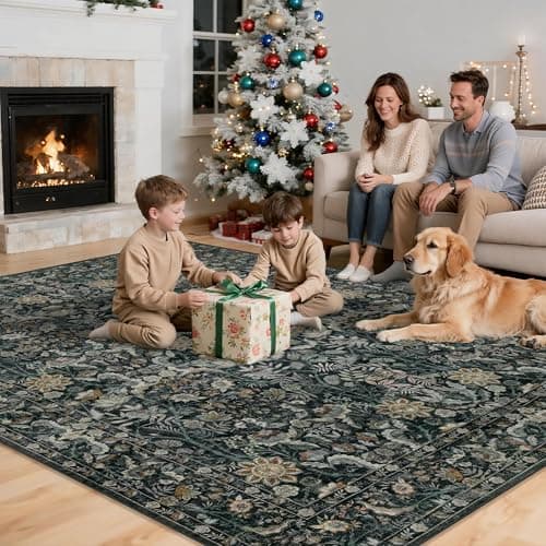 Luxcrest Green 3x5 Area Rug: Vintage Floral Washable Rugs for Entryway Kitchen Bedroom Indoor - Non-Slip Stain Resistant Thin Low Pile - Dark Green - Thumbnail 3