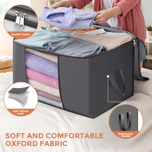 90 L Large Storage Bags, 6 Pack Clothes Storage Bins Foldable Closet Organizers Storage Containers with Reinforced Handle for Clothing, Blanket, Comforters, Bed Sheets, Pillows and Toys (Gray) - Thumbnail 4