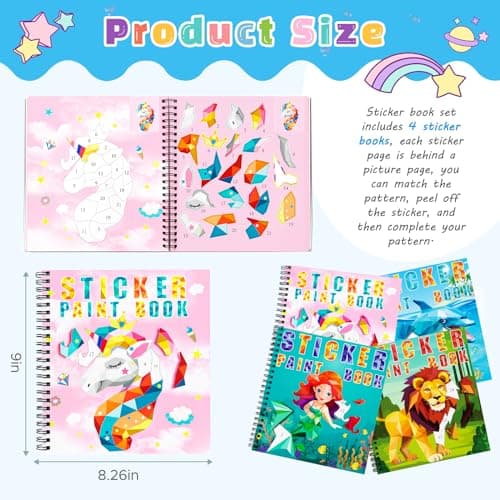 homicozy 4PCS Sticker Paint Books for Kids Ages 4-10,Unicorn Mermaid Animals Designs Paint By Stickers,Sticker By Numbers,Party Birthday Gifts for Girls 4-10,Create 40 Pictures One Stickers at A Time - Thumbnail 3
