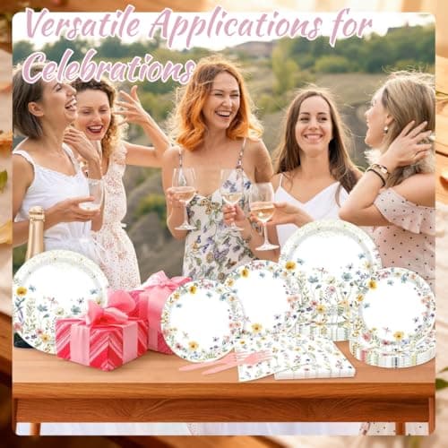 270PCS Wildflower Party Supplies Serve 30, Glazeal Paper Plates and Napkins Set with Plastic Disposable Tableware for Baby Shower, Bridal Shower, Wedding, Birthday, Tea Party Decorations - Thumbnail 6