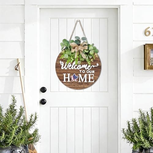 Interchangeable Seasonal Welcome Sign Front Door, Rustic Round Wood Wreaths Wall Hanging Outdoor Decor, Farmhouse, Porch, for Spring Summer Fall All Seasons Holiday Home Decor (Brown) - Thumbnail 6