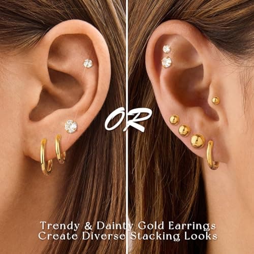 adoyi Gold Hoop Earrings for Women Stainless Steel Earrings for Sensitive Ears 14K Gold Plated Flat Back Studs Cartilage Hoops Earring for Women Lightweight Jewelry Gifts - Thumbnail 4