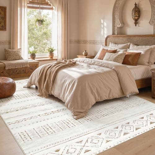 cotiled 6x9 Area Rug for Living Room, Washable Non-Slip Large Area Rug, Indoor Floor Carpet Low Pile Soft Boho Farmhouse Rug for Bedroom Dining Room (Brown Cream,6'x9') - Thumbnail 6