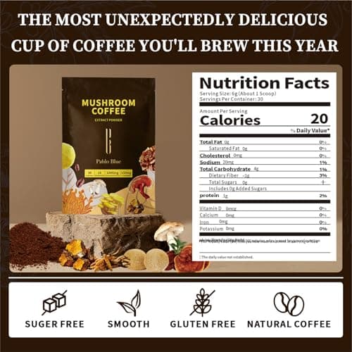 Pablo Blue Instant Mushroom Coffee & Collagen Coffee with 10 Organic Mushrooms – Lion’s Mane, Chaga, Reishi, L-Theanine in Mushroom Instant Coffee for Focus, Skin, Gut Health & Immunity, 30 Serv. - Thumbnail 2