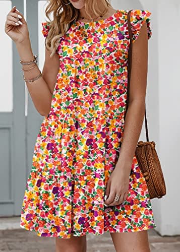 KIRUNDO Boho Dresses for Women 2026 Summer Casual Ruffle Sleeveless Floral Round Neck Loose Short Flowy Pleated Babydoll Dress Vacation Outfits, Floral3- White Orange, X-Large - Thumbnail 2