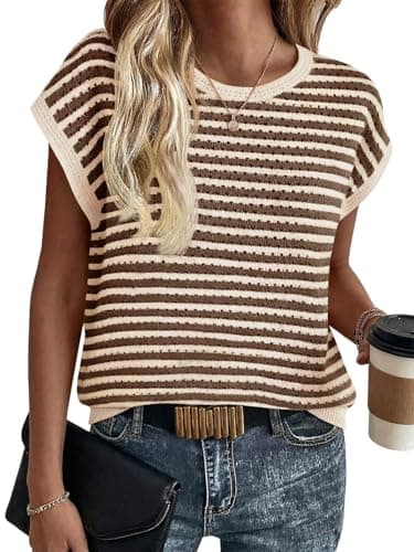 Saodimallsu Womens Short Sleeve Sweater Summer Striped Crochet Tops Casual Cap Sleeve Crewneck Knit Sweater Vest T-Shirts Khaki - Image 1