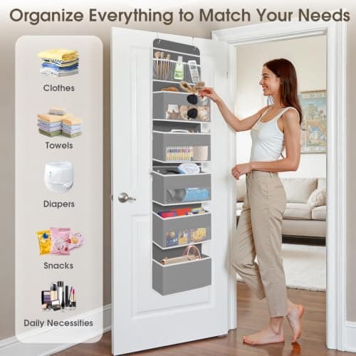 SpaceHacks 6-Tier Over The Door Organizer, Hanging Storage Organizer with Clear Window, 40lb Ultra Sturdy Large Capacity Room Organizer for Pantry Bathroom Nursery Closet Baby Essential (Grey) - Thumbnail 6