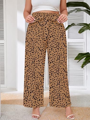AusLook Women's Plus Size Wide Leg Pants with Pockets Almond Leopard 2X Lightweight High Waisted Tie Knot Paperbag Dressy Palazzo Loose Paper Bag Comfy Casual Work Flowy Dress Ladies' Trousers - Thumbnail 4