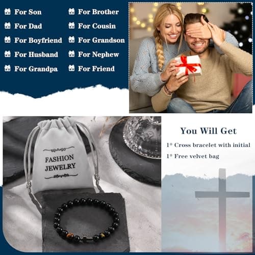 Mens Cross Bead Bracelet with Initials, Christian Rosary Obsidian A-Z Letter Black Onyx Tigers Eye Beaded Bracelet, Faith Religious Easter Catholic Communion Baptism Christmas Jewelry Gift for Men - Thumbnail 6