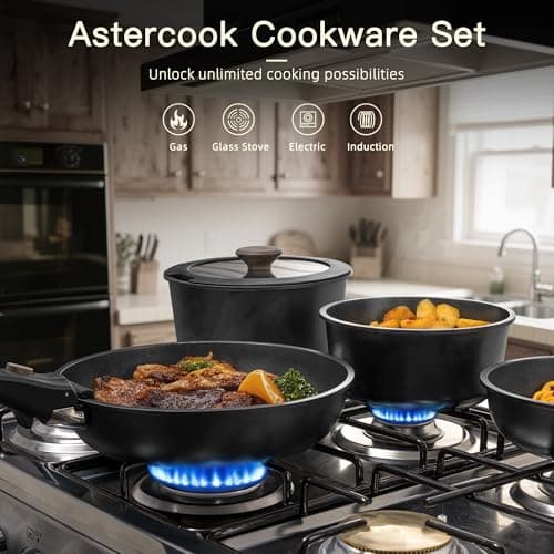 Astercook Non Stick RV Pots and Pans Ceramic Kitchen Cookware Set with Detachable/Removable Handle, Oven Safe, Induction Ready, Stackable, Black, 21 pcs - Thumbnail 2