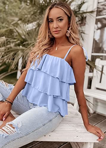 KIRUNDO Spaghetti Strap Ruffle Babydoll Peplum Tank Tops for Women 2026 Summer Cute Flowy Beach Vacation Cruise Outfits(Light Blue, X-Large) - Thumbnail 5