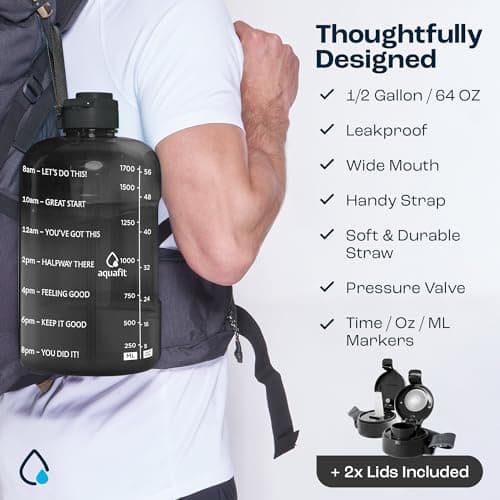 AQUAFIT Half Gallon Water Bottle with Time Marker - Straw & Chug Lid - BPA Free Gym Water Bottle with Straw - Big Gallon Jug (Clarity, 64 oz - 2 Lids) - Thumbnail 5