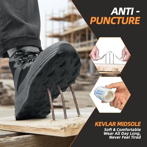 Steel Toe Work Boots for Men Non Slip Puncture Proof Safety Work Shoes for Men with Indestructible Construction Comfortable Perfect for Outdoor, Hiking, Construction Black 8.5 - Thumbnail 4