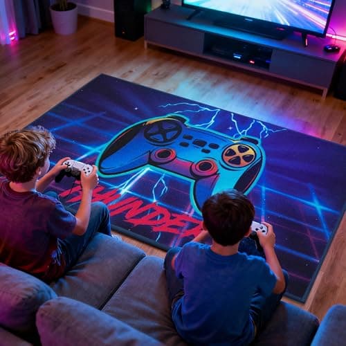 JSEI Gaming Rug for Kids Teens 32"x60", Video Game Kids Rug with Gamepad Controller Pattern, Non-Slip & Machine Washable Gaming Floor Carpet Mat for Playroom,Living Room&Bedroom, Blue - Thumbnail 5