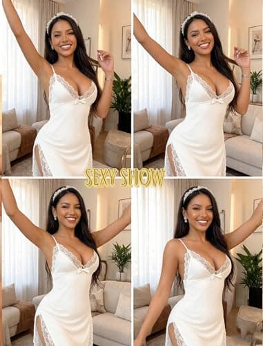 ADOME Womens Lingerie Sexy Nighty Lace Trim Night Gown Chemise Nightgowns for Women Sleepwear with Side Slit White L - Thumbnail 4