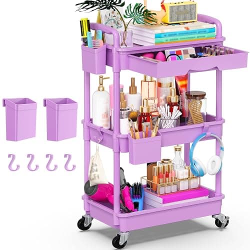 Goovilla 3 Tier Rolling Utility Cart Organizer with Removable Drawer, Stable and Sturdy Purple Rolling Storage Carts with 2 Lockable Wheels for Bathroom, Kitchen, Snack, Craft, Makeup, Baby Essentials - Image 1
