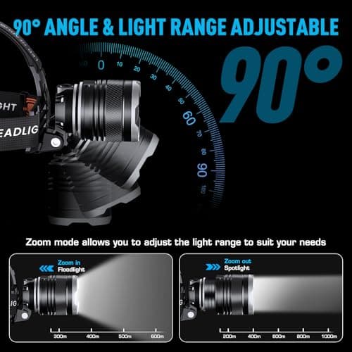 LED Headlamp Rechargeable 99000 High Lux, 9000mAh Long Battery Head Lamp with 12 Modes, IPX7 Waterproof USB Rechargeable Headlight, Zoomable Headlamp for Adults, 90° Adjustable for Camping Hunting - Thumbnail 6