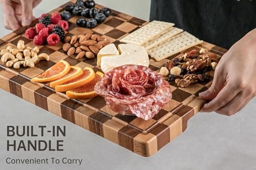 THETCHRY Cutting Boards for Kitchen, Checkered Cutting Board Upgraded, Acacia Wood Chopping Board with Juice Grooves & Handles, Large Butcher Block Serving Tray with Gift Box, 17"X12"X0.8" - Thumbnail 4