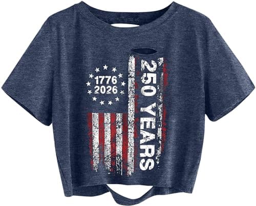 4th of July Shirts Women 250 Anniversary USA Shirt Patriotic Ripped Crop Tops American Flag Graphic Tee Top - Image 1