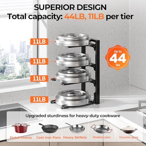 MUDEELA Pots and Pans Organizer under Cabinet 15.75" Tall, 4-Tier Heavy Duty Pan Organizers inside Cabinet Kitchen Storage, Adjustable Pot Rack Holds up to 88 LB Cast Iron Skillets Shallow Cookware - Thumbnail 3