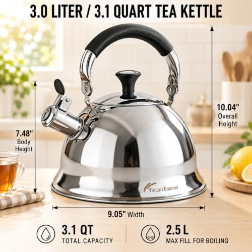 Tinlon Enamel Tea Kettle, 3.1QT Stainless Steel Whistling Stovetop Kettle - Thumbnail 6