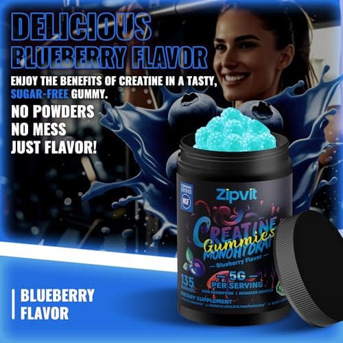 zipvit Creatine Monohydrate Gummies (5g) – Pre-Workout Energy & Muscle Growth Support for Men & Women | Blueberry Electrolyte Gummies (135 Count) - Thumbnail 6