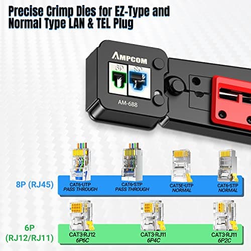 AMPCOM RJ45 Pass Thru Crimping Tool Network Crimper for Pass Through and Regular Type RJ45 RJ12 RJ11 Connector -CAT6/5e（8P8C/6P6C/6P4C) - Thumbnail 2