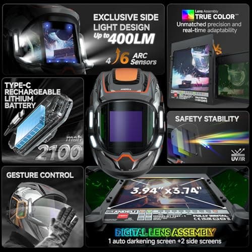 ANDELI Welding Helmet - 180° Panoramic 6 Arc Sensor True Color Auto Darkening Welding Helmet with Light and Motion Sensing, 2100mAh Rechargeable Battery for TIG/MIG/Cut/Grind Moner LED - Thumbnail 2