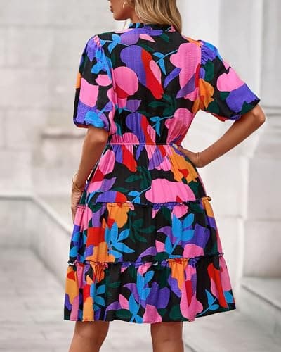 BTFBM Women Summer Floral Short Dresses V Neck Short Sleeve Tiered Ruffle Boho Swing Dress A-Line Mini Dresses(Floral Black,Medium) - Thumbnail 3