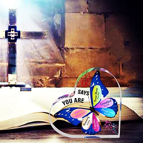 JUNQIU Christian Gifts for Women, Inspirational Faith Gifts for Women Religious, Bible Verse and Encouragement Butterfly Desk Decor, Gift for Mom, Friend, Sister- Acrylic Hearts Plaques - Thumbnail 2