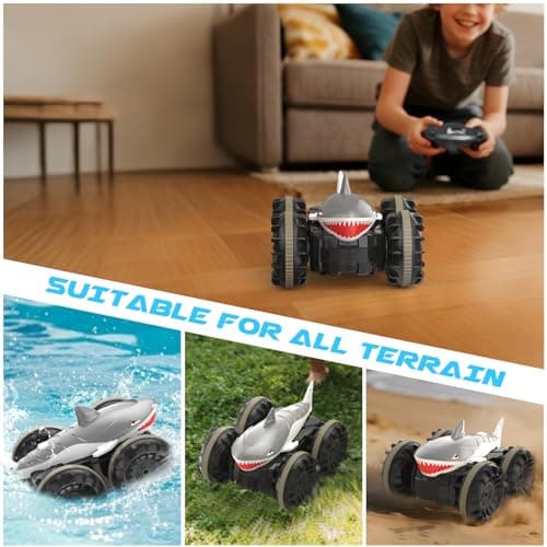 SIMREX Shark Amphibious Remote Control Car - Gift for Kids Boys Girls, 4WD Waterproof RC Car, 360° Stunt, Dual Remote Control, 50m Long Range, 2 Rechargeable Batteries (Silver) - Thumbnail 6