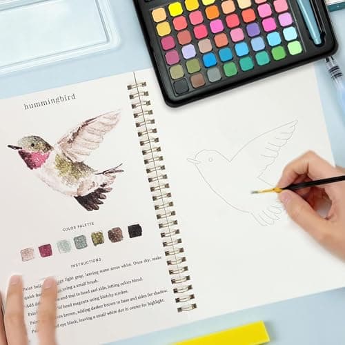 2 Pcs Watercolor Workbooks, Coloring Book Beginner Friendly Painting Kit, 12 Different Patterns of Original DIY Designs, 48 Colors Watercolor Paint Set with Palette and Brush - Thumbnail 4