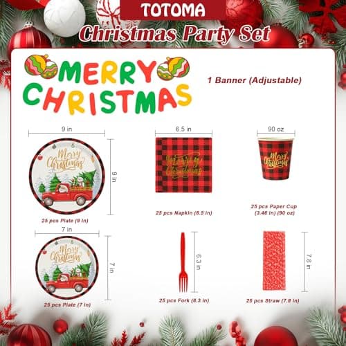 TOTOMA Christmas Party Decorations Paper Plates & Napkins 25 Guest, Disposable Plates Set, Holiday Paper Plates, Napkins, Cups with Golden Print, Santa Driving Pattern, Straws, Banner for Christmas - Thumbnail 2