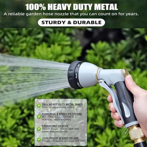 Garden Hose Nozzle Heavy Duty,100% Metal High Pressure Water Hose Sprayer Nozzle with 8 Adjustable Spray Patterns, Non-Slip Grip Hose Sprayer Outdoor for Watering Plants & Lawns, Washing Cars & Pets - Thumbnail 2