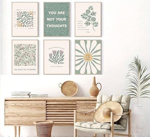 Wavkkey 6 Pcs Mental Health Wall Art Psychology Therapy Motivational Quotes Green abstract Boho floral Pictures Poster Wall Decor Canvas Print Artwork for Bedroom Office Home Decoration - Thumbnail 2