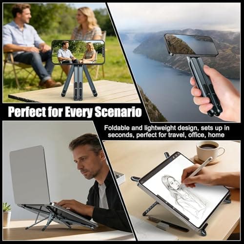 Laptop Stand for Desk, Foldable Aluminum Alloy Magnetic Computer Riser, Ergonomic 8-Level Adjustable Height Travel Laptop Holder,Multi-Functional Stand for 10–16"Laptop,4–13" Tablet and Phone - Thumbnail 2