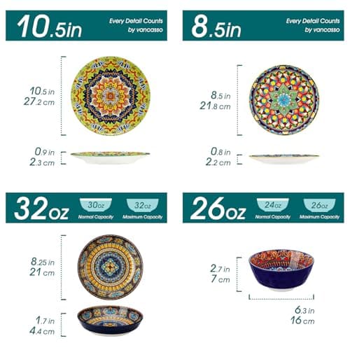 vancasso 16 Pieces Plates and Bowls Set, Bohemian Style Dinnerware Sets Service for 4, Porcelain Boho Dishes Set for Kitchen, Housewaring Gift, Dishwasher and Microwave Safe, Series KRVI - Thumbnail 2