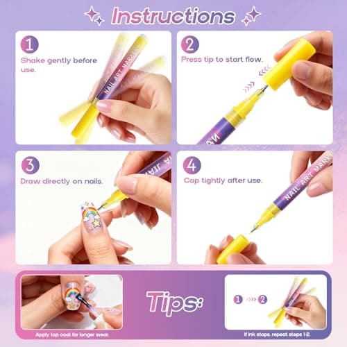 Nail Art Pens for Painting Nails 12 Colors Nail Art Markers Set with 0.5 mm Fine Tip Nail Doodle Pens for Girls Kids Women - Thumbnail 5