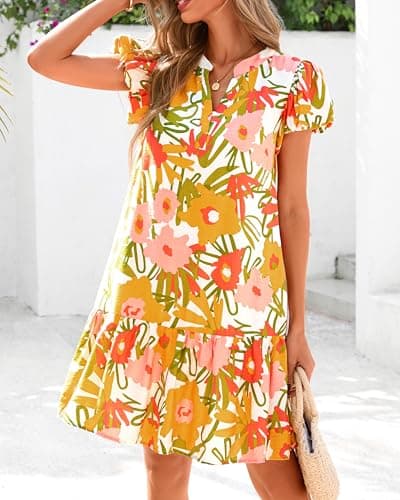 dowerme Womens Summer Dresses 2026 Puffy Sleeve V Neck Loose Floral Print A Line Boho Mini Babydoll Dress with Pockets(White Yellow Flower,Large) - Thumbnail 2