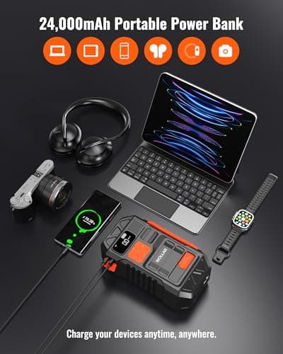 WOLLAR 4000A Jump Starter with 160PSI Air Compressor - Car Battery Jumper Starter, 88.8Wh Portable Tire Inflator, 12V Jump Box, 24000mAh Powerbank, Dual Flashlight for 8.5L Gas & 7.5L Diesel Engines - Thumbnail 5