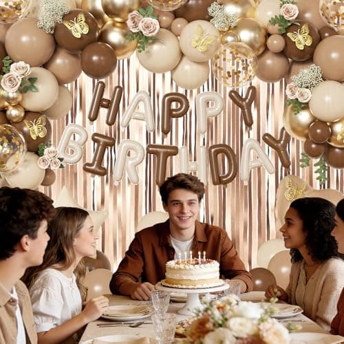 Brown Birthday Decorations, Brown Tan Beige Gold Foil Confetti Balloons Happy Birthday Banner Gold Butterfly Fringe Curtains Birthday Decorations for Women Girls - Thumbnail 5